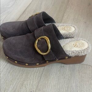 Vince Dark Brown Suede Clogs with Gold Accent